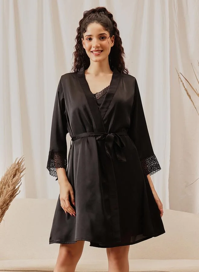 Clovia  Women Black Padded Satin Nightdress with Robe Set for Women | Best Price UAE